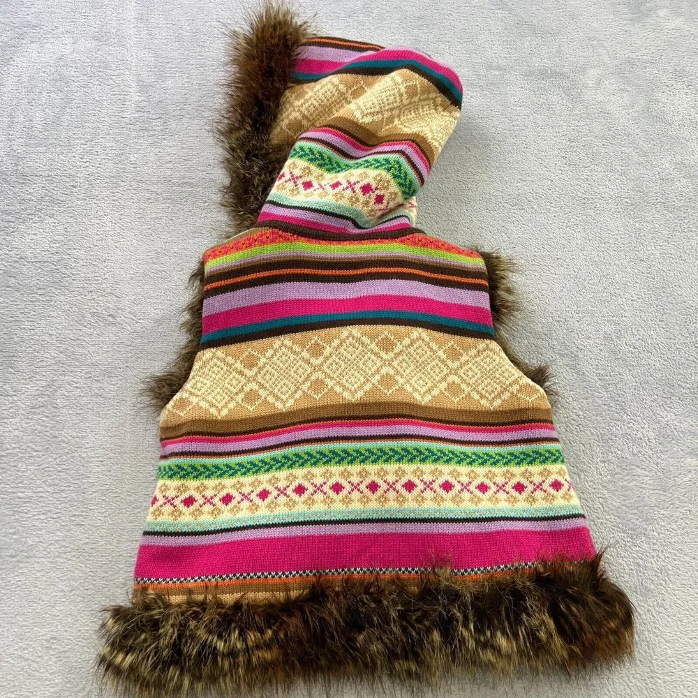 GapKids Medium Multi Color Knit sweater Vest  Fux Fur lining & hoodie‎ Tribal
